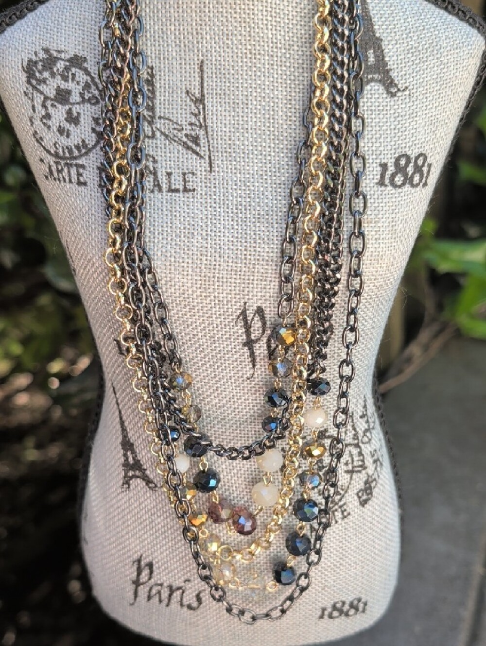 Layered Multi-Chain Necklace in Gold and Gunmetal Tones Jewelry Beads